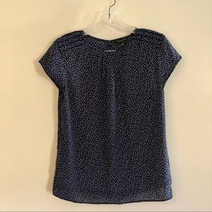 Banana Republic Petite Navy Blue and White Polka Dot Short Sleeve Blouse